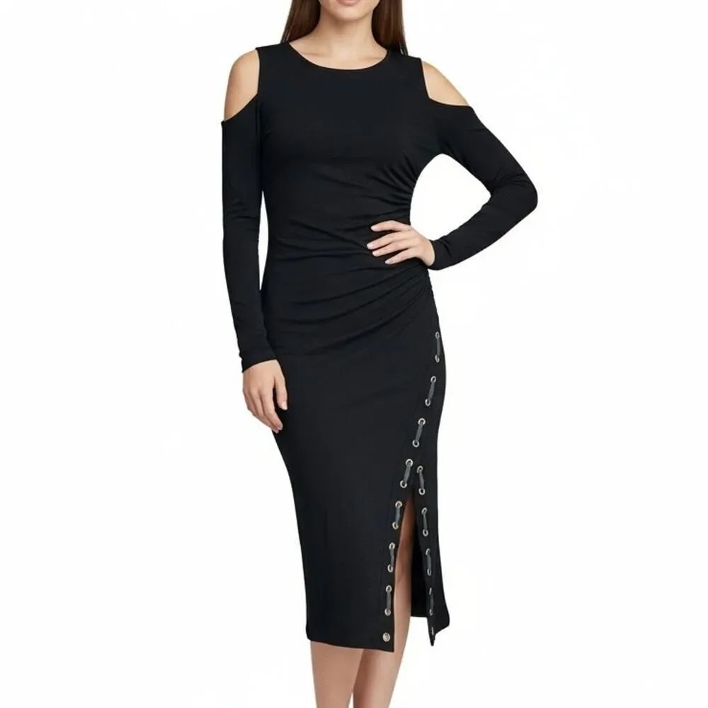 Carmen Marc Valvo Black Edgy Laced Long Sleeve Cold Shoulder Midi Dress Womens L